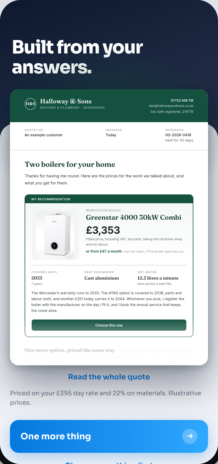 A quote as the customer sees it, under the installer's own name and brand