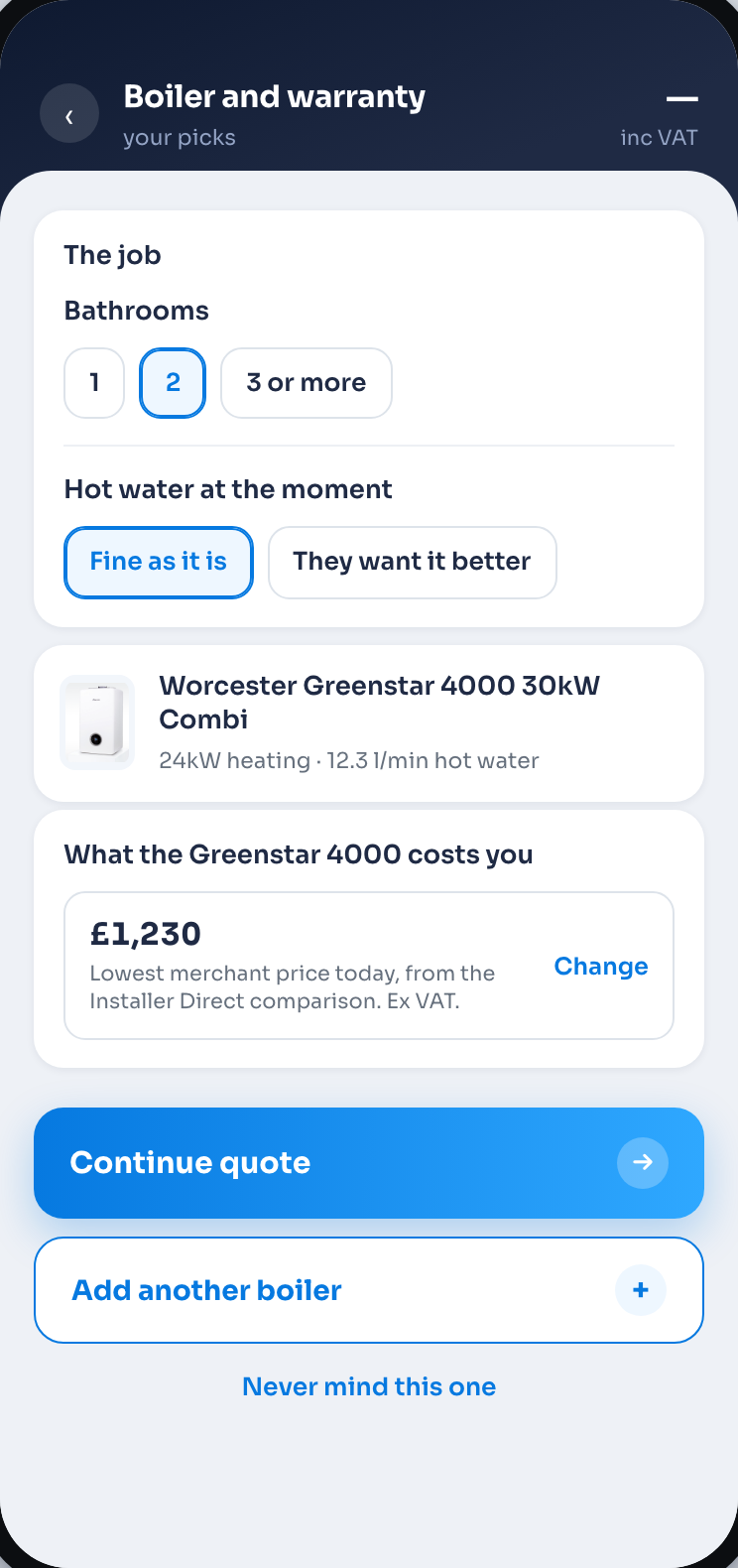 OPERA on a phone: the job, the boiler picked, the price